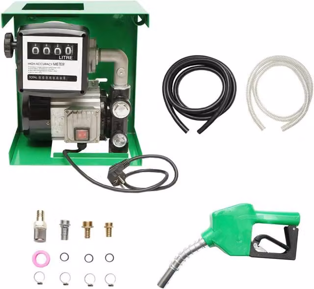 Kit Pompa di Trasferimento Gasolio Breckner Germany 220V 750W con Contatore, Tubo di Aspirazione da 1,5 m, Tubo di Trasferimento da 4 m e Pistola, Colore Verde