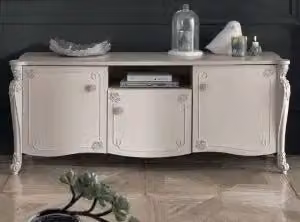 Porta TV Luna KIVIO in legno massiccio bianca con rilievo in stile shabby chic L: 172 cm, P: 57 cm, H: 69 cm
