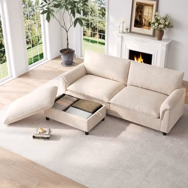 Divano letto MIVRAY in ciniglia beige con pouf contenitore mobile e cuscini sfoderabili L: 216 cm, P: 82 cm, H: 77 cm