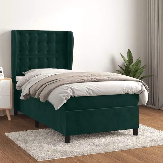 Letto Ibrido vidaXL con Giroletto a Molle e Materasso in Velluto Verde Scuro e Bianco L/P/H: 100 x 200 x 40 cm