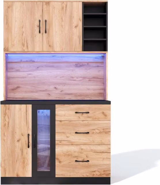 Colonna da cucina moderna con illuminazione LED integrata, ante in vetro e cassetti, in MDF opaco, L: 105 cm, P: 40 cm, H: 180 cm