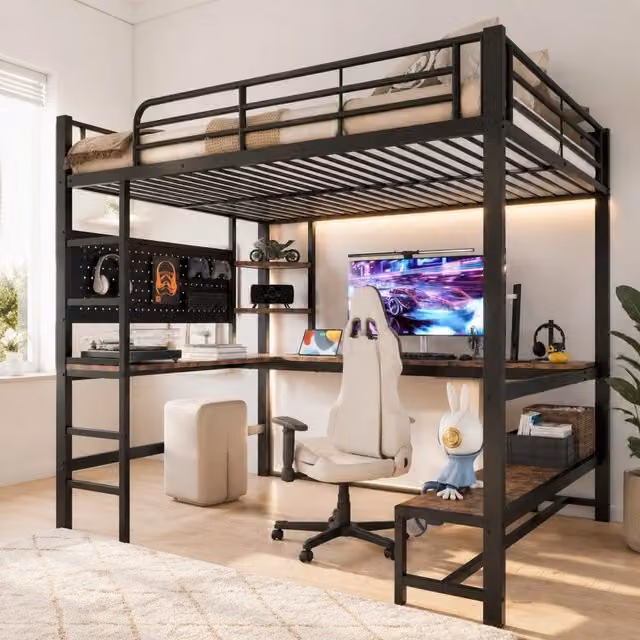 Letto a soppalco in ferro 140x200 cm con scrivania, LED, USB-C, scaletta e ripiani, nero, senza materasso