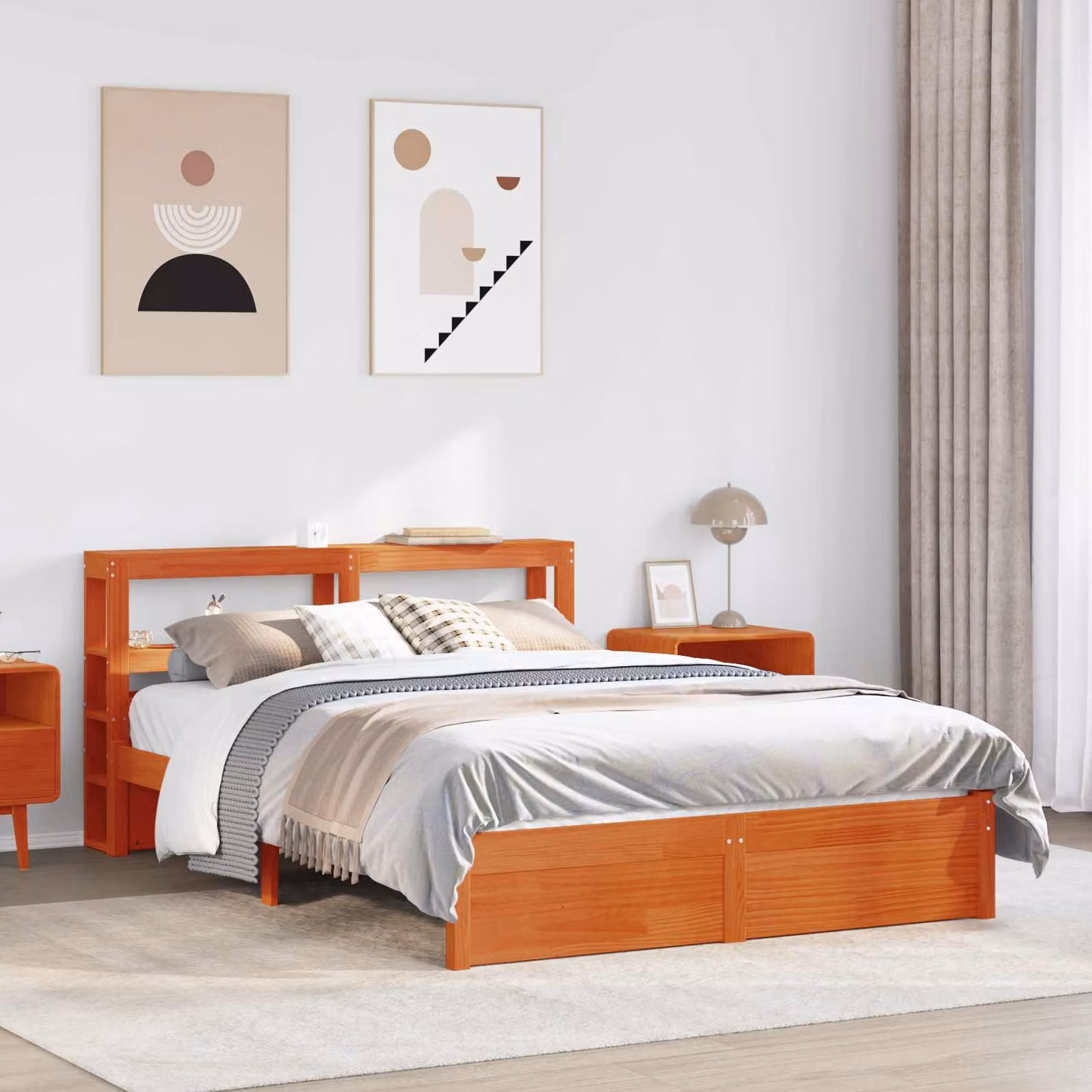 vidaXL Letto Moderno in Legno di Pino Massello Cerato Marrone con Ripiani Laterali L: 200 cm, P: 146 cm, H: 82 cm