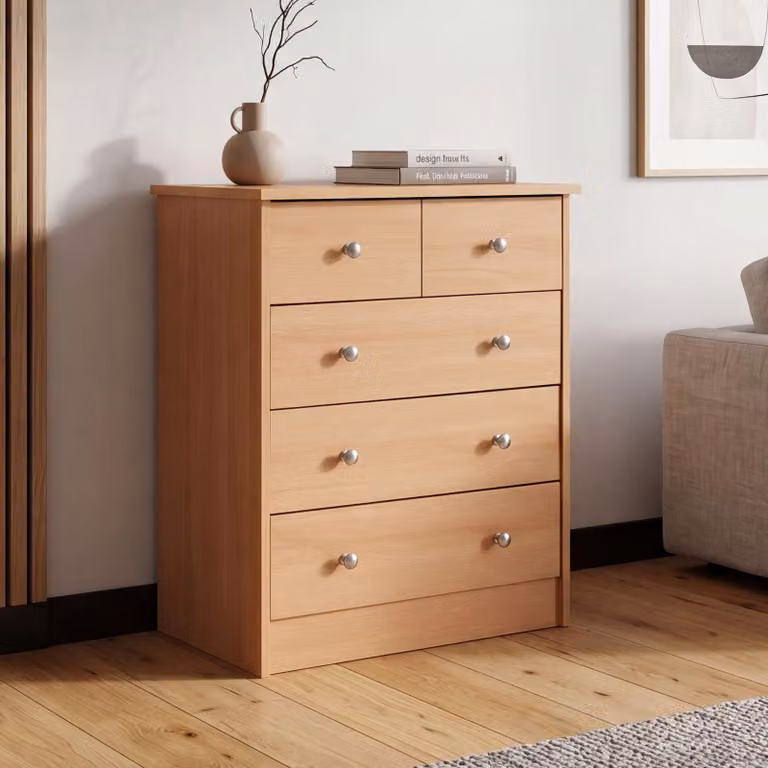 FineBuy Design: cassettiera in legno di faggio 60 x 70 x 35 cm con 5 cassetti; mobile multiuso da appoggio per l'ingresso; credenza moderna; mobile intramontabile