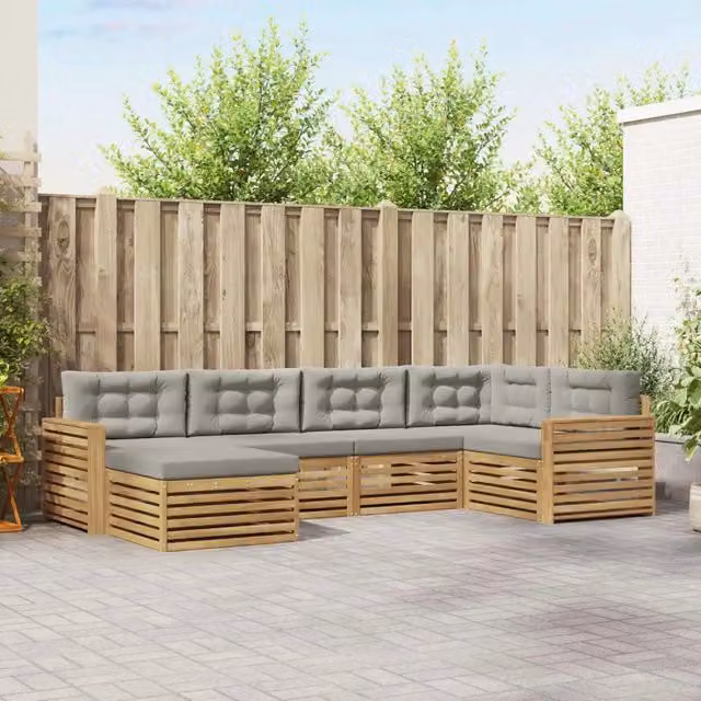 Set di divani da esterno a L vidaXL in legno di acacia con pouf e cuscini, Bianco e Grigio