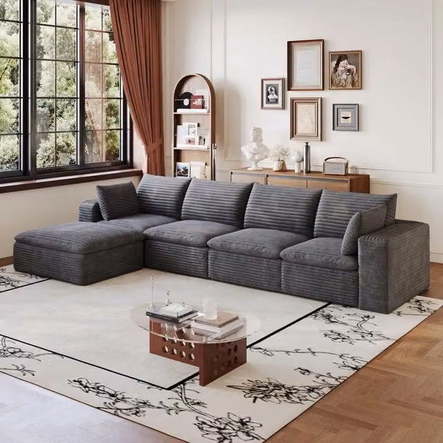 Divano modulare in tessuto grigio scuro con imbottitura in schiuma e composizione personalizzabile