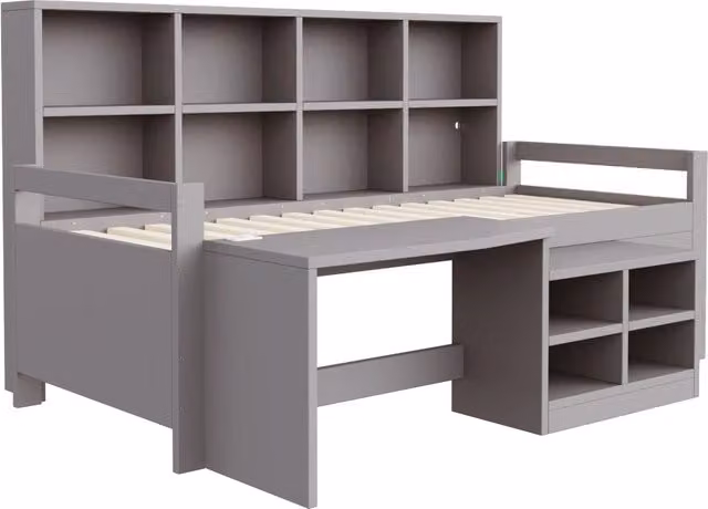 Letto per bambini 90 × 200 cm con scrivania, ripiani, USB e LED, senza materasso, in legno, grigio