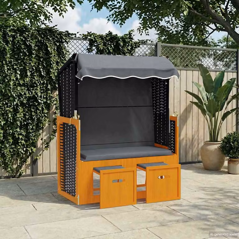 vidaXL Strandkorb in Polyrattan e Legno di Abete con Tettoria, Colore Nero e Antracite