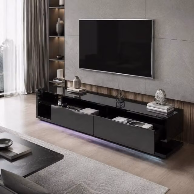 Mobile TV Mivray moderno in truciolare nero lucido con 2 cassetti, 2 ripiani in vetro e illuminazione LED multicolore controllabile tramite app