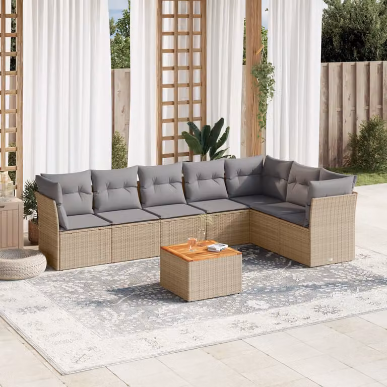 vidaXL Set Divano da Giardino 8 pz a L in Polyrattan con Cuscini Beige e Grigio e Tavolino da Esterno