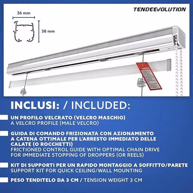 Binario per tenda a pacchetto TENDEEVOLUTION in alluminio bianco con cassone e 4 calate, montaggio a parete o soffitto, Lunghezza: 220 cm, comando a destra – 1