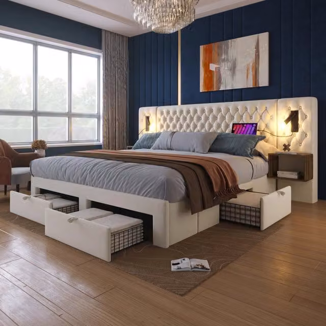 Letto matrimoniale 180×200 cm con 4 cassetti, comodini, luci da lettura, USB e Type-C, senza materasso, beige