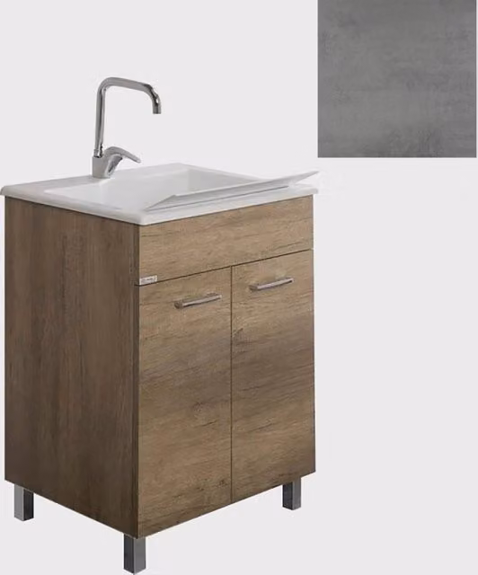 Mobile Lavatoio Vasca Zeus in MineralMarmo Apertura a 2 Ante 77,5x48x84 cm Grigio Cemento