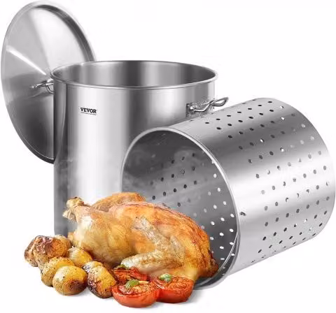 Pentola per salse VEVOR in acciaio inox con cestello e coperchio, Argento, 79,5 l