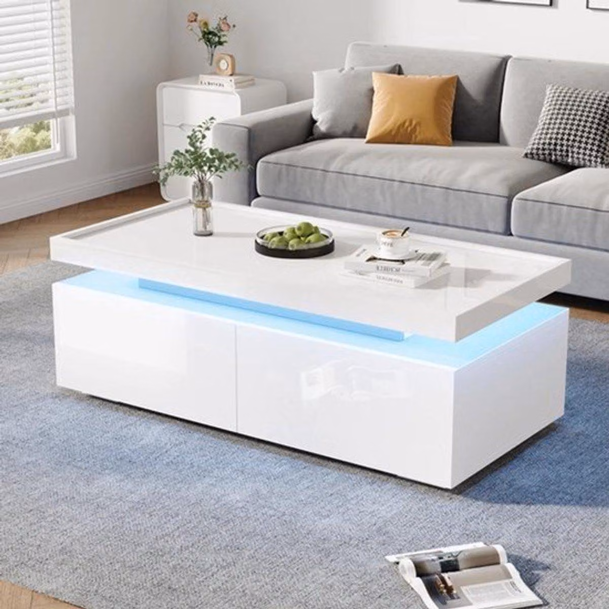 Tavolino da salotto - Bianco lucido - 111x54x54 cm - Con illuminazione a LED - Due cassetti