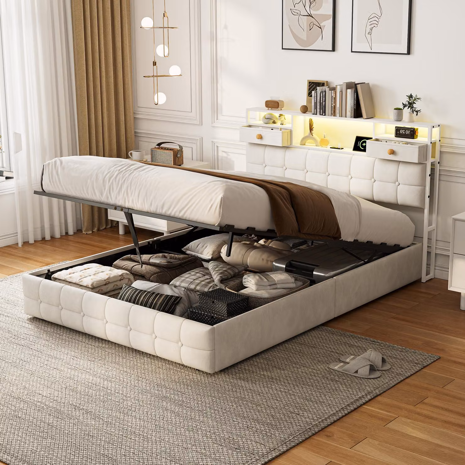 Letto imbottito 140x200 cm con spazio contenitore a sollevamento idraulico, testiera con ripiano e 2 cassetti, illuminazione LED, prese USB-C e USB, rete a doghe, colore beige, senza materasso