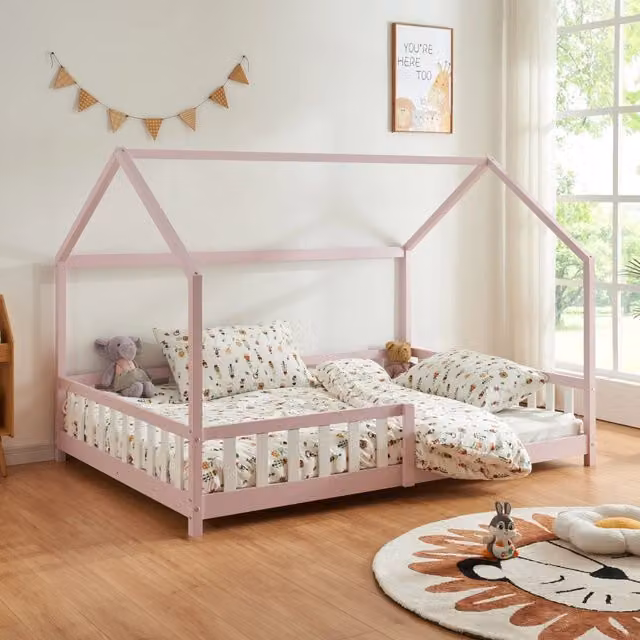 Letto Piazza e Mezza Hesel a forma di casetta en.casa in legno di pino rosa per cameretta bambini L 200 cm x P 120 cm x H 126 cm