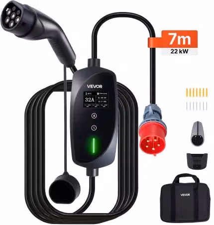 VEVOR Caricabatterie Portatile per Auto Elettriche 22 kW Tipo 2, Colonnina di Ricarica Trifase 32A con Cavo da 7 m e Schermo LCD, Nero
