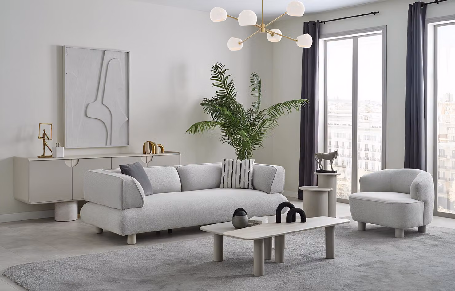 Edle Wohnzimmer Garnitur Polstersofa Designer Sessel Holz Sideboard