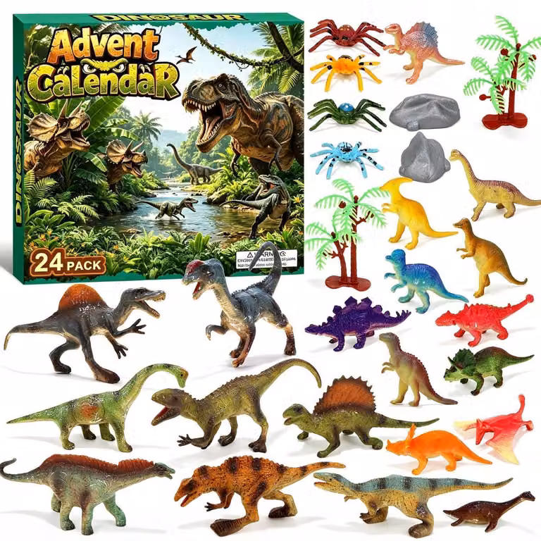 Calendario dell'Avvento a tema dinosauri 2026 – 24 sorprese con 20 dinosauri, un T-Rex, un Triceratopo, ragni, pietre e alberi