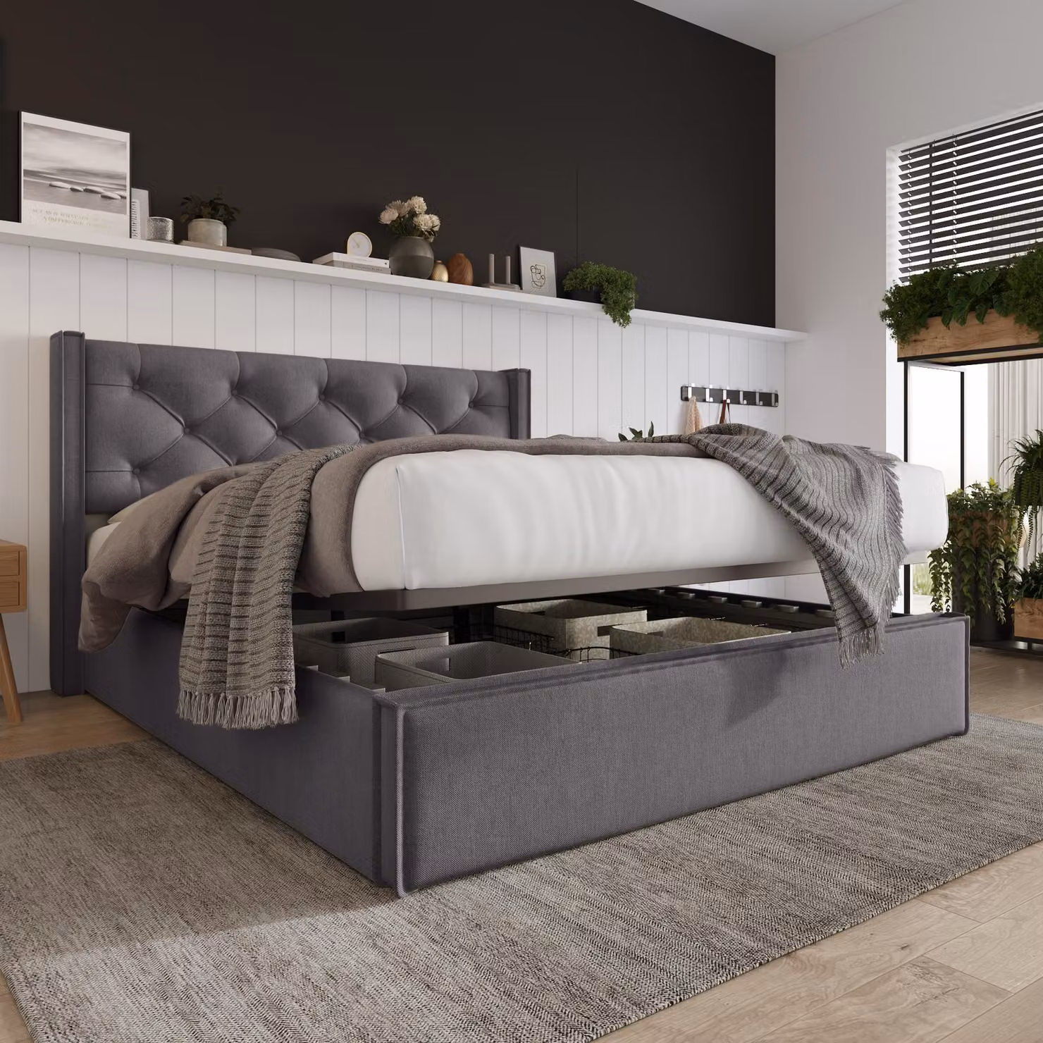 Letto imbottito Flieks 160x200cm con rete idraulica, giroletto e rete a doghe, letto contenitore, letto funzionale, cotone, grigio