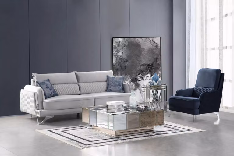 Sofagarnitur 3+1 Sitzer Hellgrau Blau Stoffbezug Chromfüße Modern Wohnstil