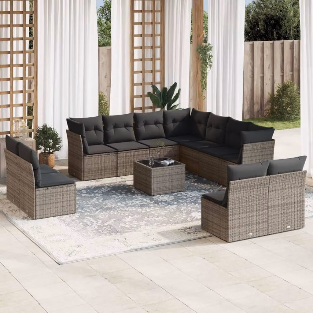 Set di divani da giardino vidaXL in polyrattan grigio con cuscini e tavolino da esterno a forma di L – 1