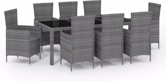 Set da pranzo da giardino moderno HELLOSHOP26 in resina intrecciata grigia e nera con tavolo rettangolare in vetro e 9 pezzi inclusi