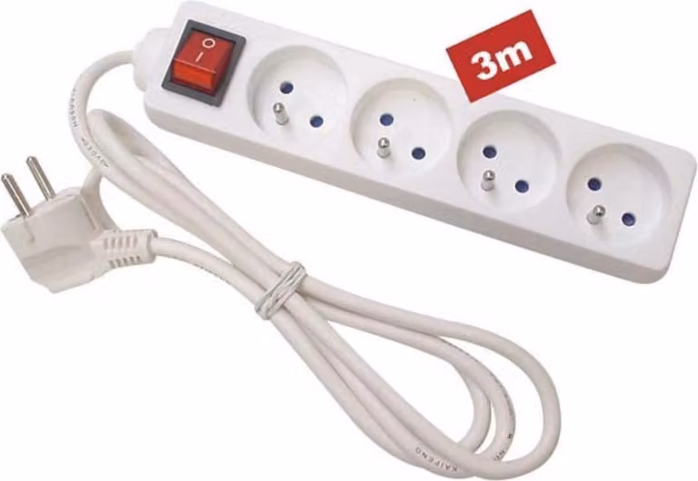 Presa 4 Vie Con Interruttore - Cavo 3 M - Bianco - Presa Francese