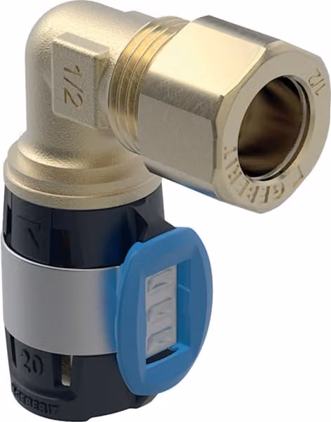 Geberit FlowFit angolo di transizione 90 gradi con raccordo a compressione cromo Rg+/Cu d20-d15