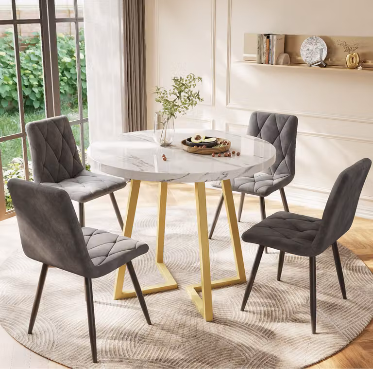 Tavolo da pranzo rotondo Flieks con gambe in metallo, tavolo da cucina e da pranzo effetto marmo, tavolo da pranzo con gambe in metallo, 80x80x75 cm, oro