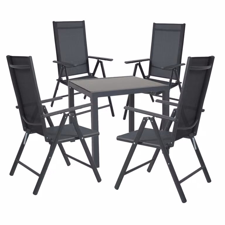Set SVITA: tavolo da giardino con 4 sedie pieghevoli con schienale alto, sedie da campeggio in metallo antracite