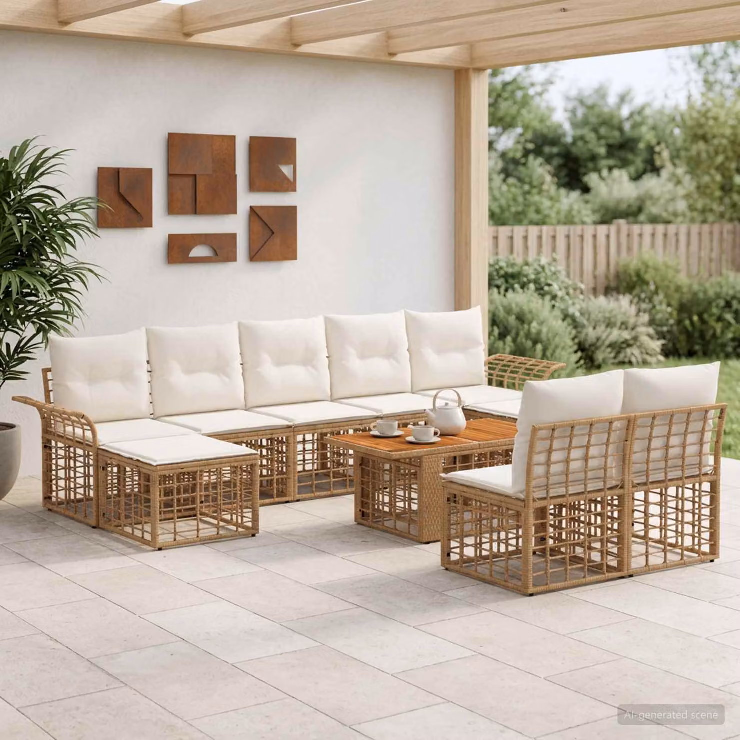 Set Divano da Giardino vidaXL in Polyrattan 10 Pezzi con Cuscini Imbottiti, Colore Naturale e Bianco Crema