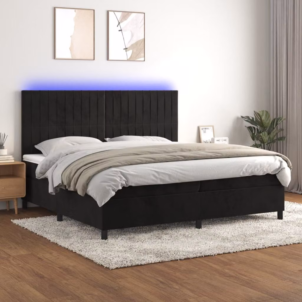 The Living Store Letto a molle con materasso e LED nero 200x200 cm in velluto