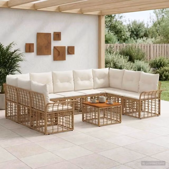 Set di divani da esterno 10 pz 9-Posti Naturale e Bianco Crema 3437760