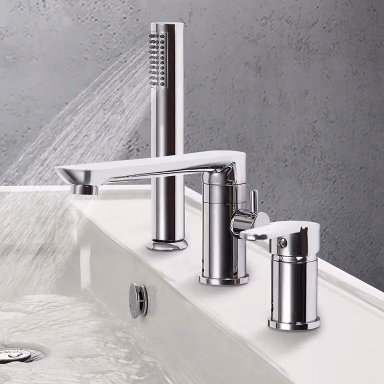 Rubinetto per vasca da bagno - Miscelatore freestanding - Con doccetta - Rame - Bocca girevole a 360° - Tubo flessibile - Argento