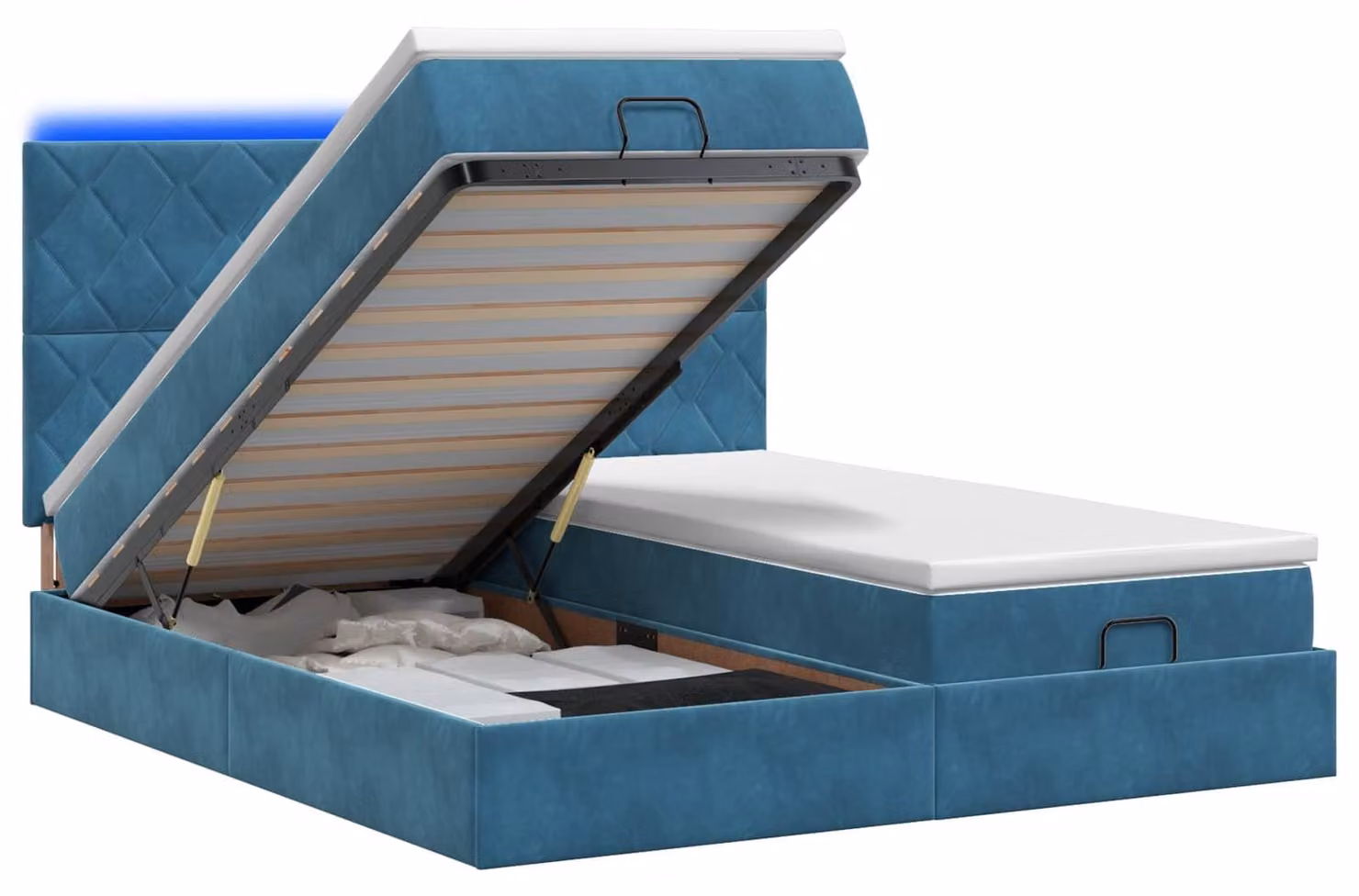 Panca contenitore con materasso e illuminazione LED, colore blu scuro, 160 x 200 cm, rivestita in velluto