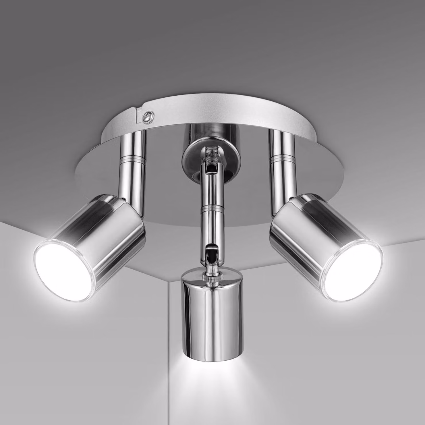 Lampada a soffitto, 3 faretti orientabili, attacco GU10, senza lampadine, colore argento