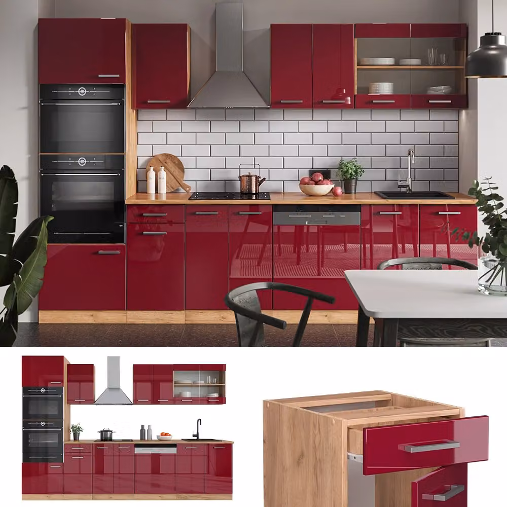 Cucina componibile moderna R-Line Vicco in rosso lucido e rovere con armadio alto, L: 300 cm – 2