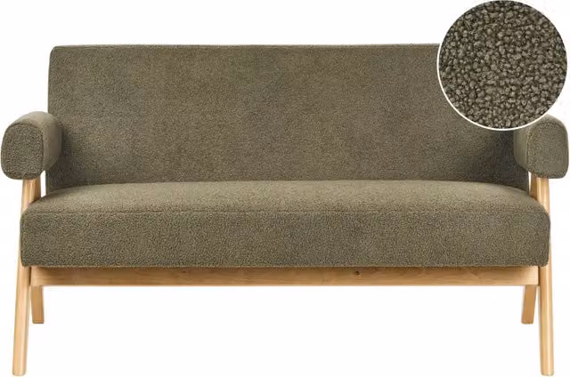 Divano a 2 posti Rivestimento in bouclé verde e marrone chiaro Design retrò Gambe in legno Soggiorno