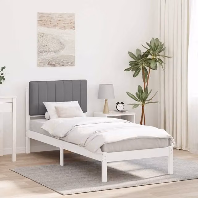 Letto con testiera rivestita vidaXL in legno di pino e tessuto grigio L: 75 cm, P: 190 cm, H: 84,5 cm