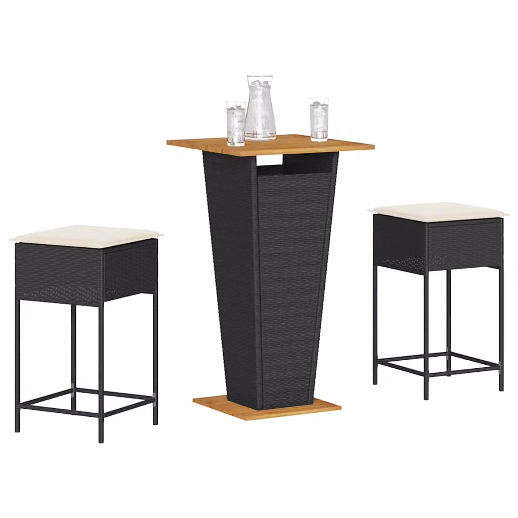 Set Bar da Giardino Moderno vidaXL in Legno di Acacia e Polyrattan Nero e Bianco con 3 Sedute