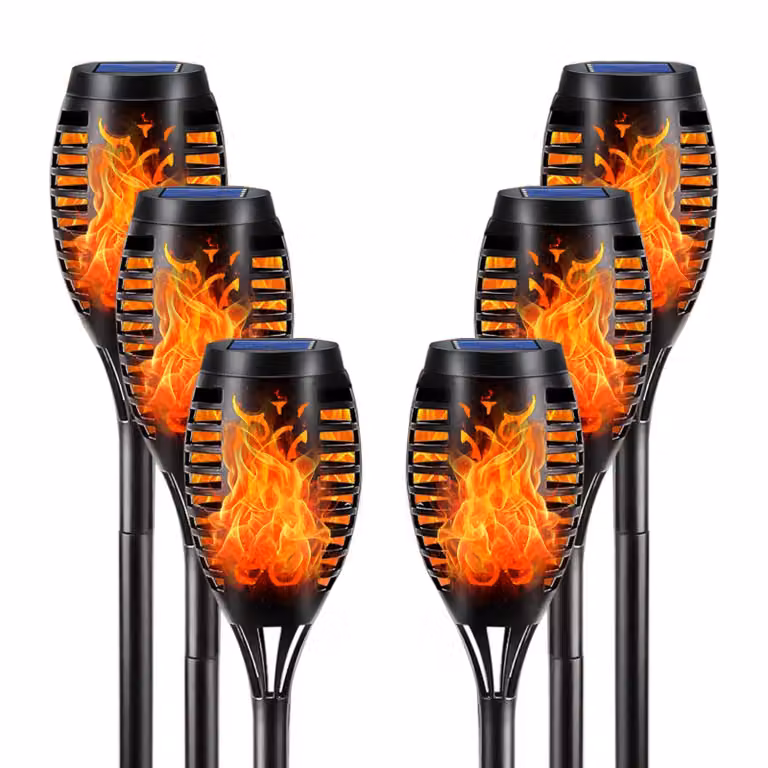 Lampade da giardino solari, confezione da 6, con 12 LED, effetto fiamma, grado di protezione IP65