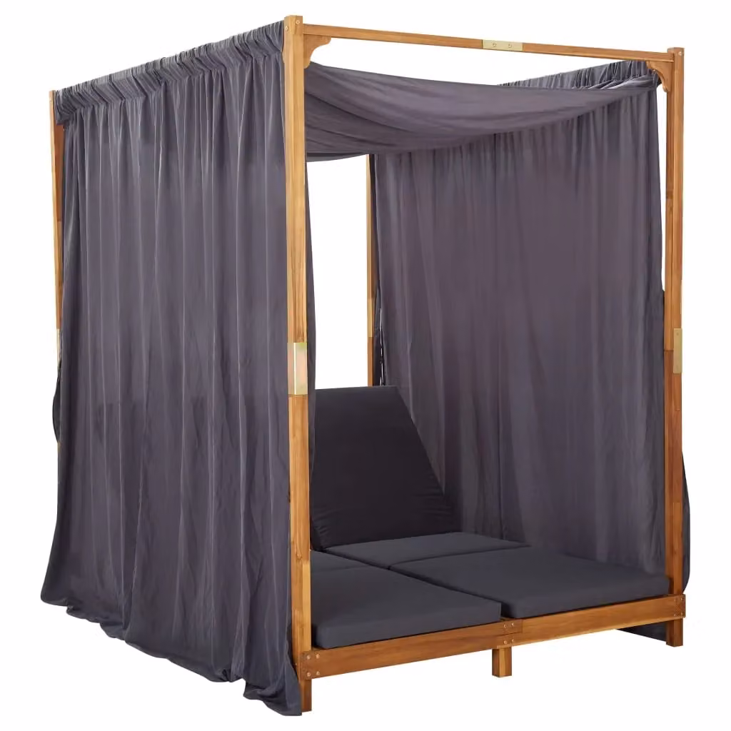 Set di lettini prendisole doppi HELLOSHOP26 in legno di acacia con tende e cuscini grigi per giardino e patio – 2