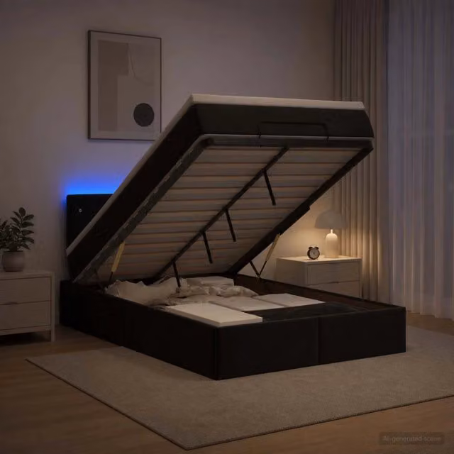 Letto Ottomano con Materasso vidaXL in Velluto Nero con Illuminazione LED e Porte USB L/P/H: 200 x 120 x 88 cm