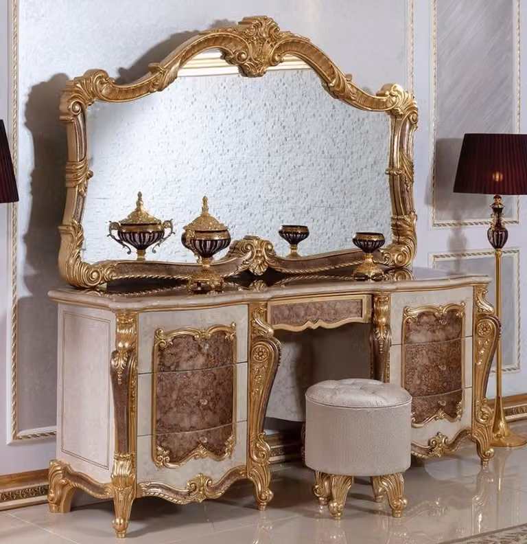 Casa Padrino Luxury Baroque Bedroom Set Bianco / Marrone / Oro / Argento - 1 Comò Barocco & 1 Specchio Barocco & 1 Sgabello Barocco - Mobili da Camera da Letto Barocchi - Nobile & Magnifico