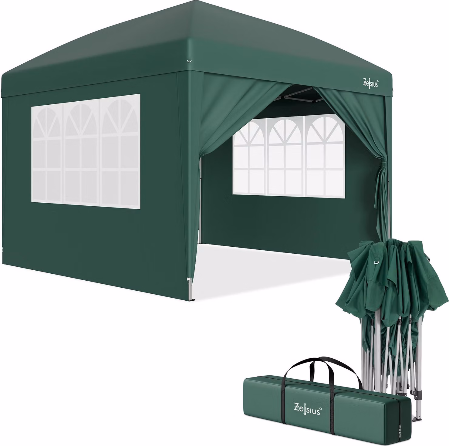 Gazebo pieghevole Zelsius 3x3 m con pareti laterali, verde, gazebo pieghevole UV30, tenda da giardino pieghevole
