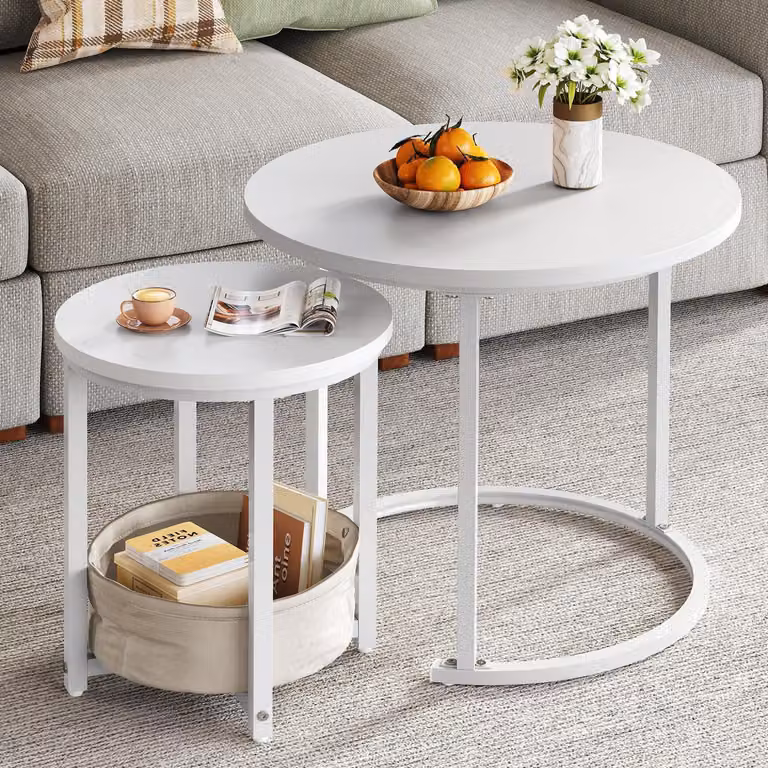 Set di tavolini da divano, forma rotonda, 2 pezzi, legno, metallo, con tasca in tessuto, colore bianco
