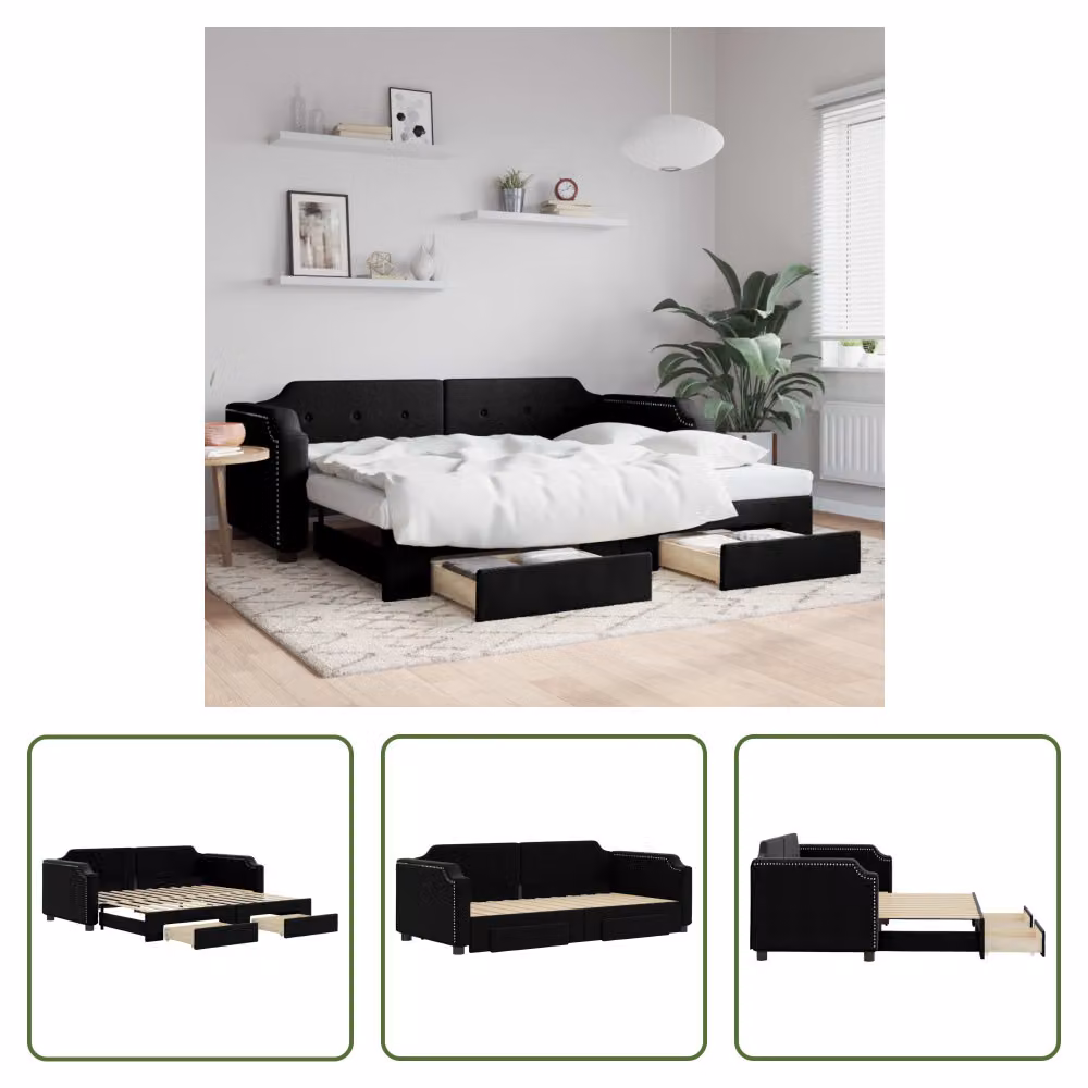 The Living Store Lettino allungabile con cassetti nero 80x200 cm in tessuto
