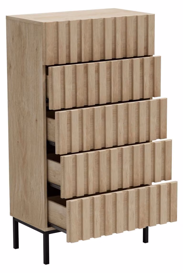 Comodino con 5 cassetti, dimensioni 60x34x110 cm, realizzato in legno impiallacciato effetto naturale